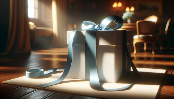 Elegantes, schmales Geschenk mit blauer Schleife und warmem Licht auf hellem Hintergrund, symbolisiert Wertschätzung und Freundschaft.