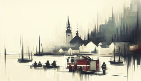 Atmosphärische skizzenhafte Feuerwehrszene mit abstrakten Formen auf weißem Hintergrund