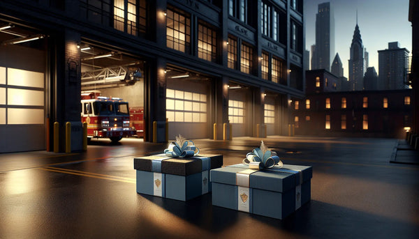 Elegante, in Steelmonks-Farben verpackte Geschenkboxen vor einem städtischen Feuerwehrhaus im sanften Morgenlicht, Symbol für Wertschätzung und Gemeinschaft.
