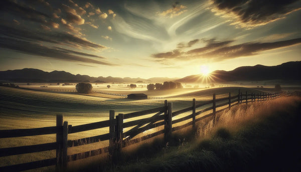 Friedliche Bauernhoflandschaft bei Sonnenaufgang mit Holzzaun und weiten Feldern im warmen Steelmonks-Design.