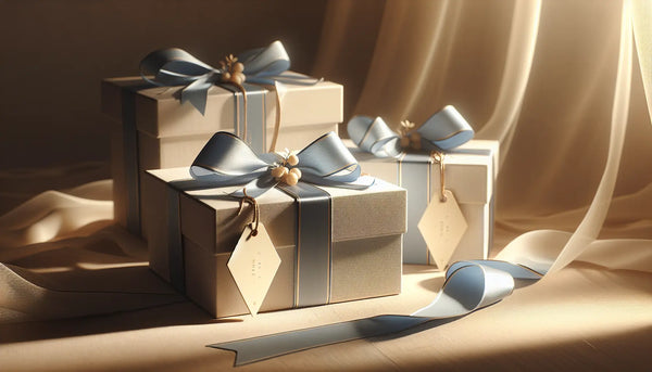 Elegante, schlanke Geschenkboxen in Steelmonks Farben mit feinen Bändern und warmem Licht in ruhiger Atmosphäre.