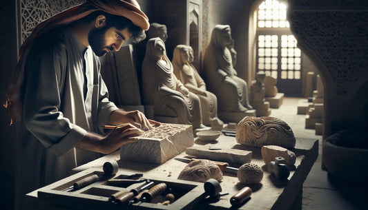 Steinmetz arbeitet in einer warm beleuchteten Werkstatt an einer detailreichen Steinskulptur, umgeben von Werkzeugen und Kunstwerken.