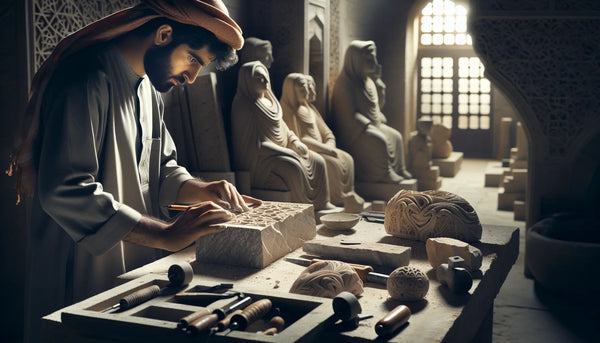 Steinmetz arbeitet in einer warm beleuchteten Werkstatt an einer detailreichen Steinskulptur, umgeben von Werkzeugen und Kunstwerken.