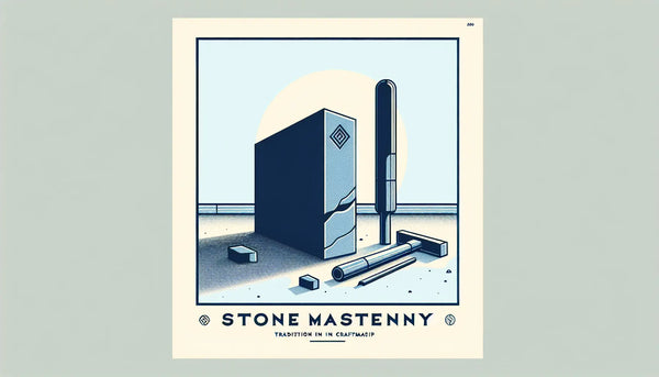 Steinblock minimalistische Vektorgrafik mit Hammer und Meissel auf hellem ruhigem Hintergrund mit Text zu Steinmetzkunst und Werkzeug Tradition