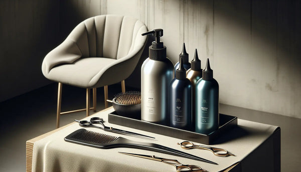 Realistisches Bild eines stilvoll arrangierten Friseurtisches mit Kamm, Schere und Färbemitteln in Steelmonks-Farben, warm und einladend beleuchtet.