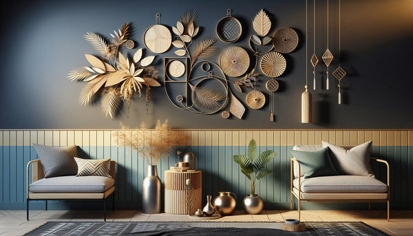 Wohnzimmerwand mit stilvoller Metall-, Holz- und Pflanzendekoration in warmem Licht, dekorativ und einladend im Steelmonks Farblook.