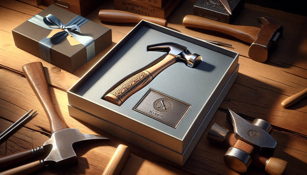Ein eleganter, gravierter Hammer auf einer warmen Werkbank, umgeben von klassischen Werkzeugen, dekoriert mit einer schlanken Geschenkbox mit blauer Schleife und gelbem Anhänger in einer ruhig-warmen Szene im Steelmonks-Stil.