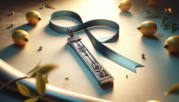 Nahaufnahme eines elegant gravierten, handgefertigten Zunftanhängers aus Metall, der in warmem Licht auf einem hellen, ruhigen Hintergrund mit blauen und gelben Akzenten liegt.