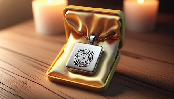 Elegante Edelstahlanhänger-Box mit Feuerwehrmotiven, satinbezogen, auf Holztisch, stimmungsvolles warmes Licht, Steelmonks-Farbpalette.
