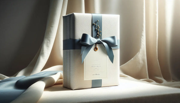 Elegantes Geschenk für Installateure mit weißer Verpackung, blauem Band und gelbem Anhänger in stilvoller, handwerklicher Atmosphäre.