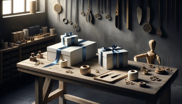 Stilvolle Werkstatt mit eleganten Geschenkboxen, Kombination aus Tradition und modernen Werkzeugen in Steelmonks-Farben, warme Atmosphäre.