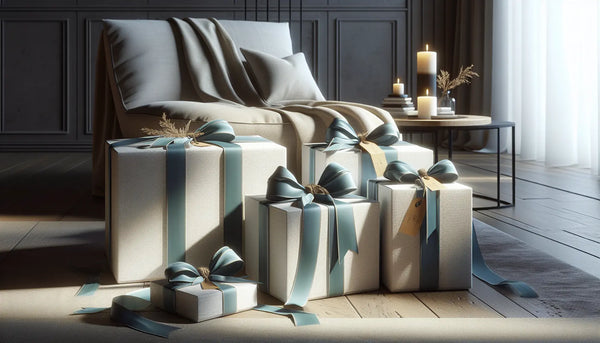Moderne stilvolle Wohnecke mit schlanken, elegant verpackten Geschenken in Blau und Weiß, warmes Licht, klare Raumästhetik, freundliche Atmosphäre.