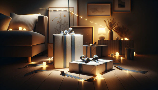 Gemütliche Wohnzimmerwand mit modernen Dekorationen und stilvollen Geschenkboxen in Steelmonks Farben.