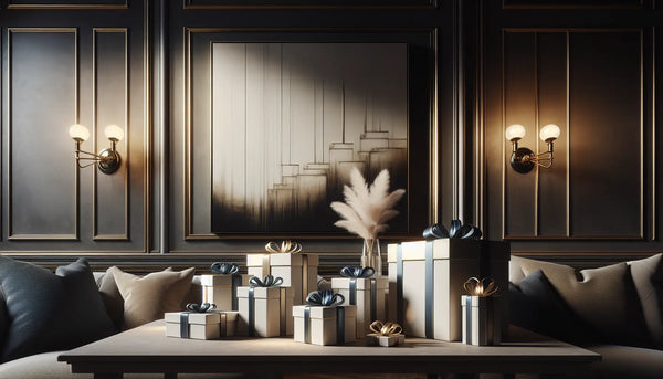 Elegante Wohnzimmerwand mit Zierleisten und Kunstwerk, feudale Geschenkboxen in Steelmonks Farben, warmes Licht, stilvolle Atmosphäre