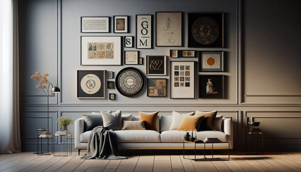 Elegante Wohnzimmerwand mit harmonisch arrangierten Kunstwerken und Metallschildern in Ghost White, Persian Blue und Deep Black Farben.