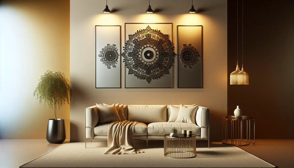 Stilvolle Wohnzimmerwand mit elegantem Metallkunstwerk und weichen Stoffbehängen in Steelmonks Farben, warm und einladend beleuchtet.