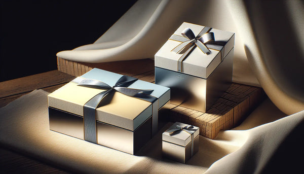 Elegante, schlichte Geschenke aus Edelstahl in Schwarzweiß mit blauen und gelben Akzenten in einer warmen, minimalistischen Atmosphäre.