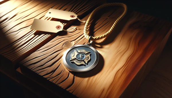 Stilvoller Edelstahl-Anhänger mit Feuerwehrsymbol auf Holztisch in warmem, minimalistischen Steelmonks-Look