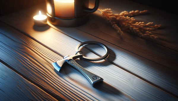 Stilvoller Edelstahl-Axt-Schlüsselanhänger auf rustikalem Holztisch, warm beleuchtet im Steelmonks Design.