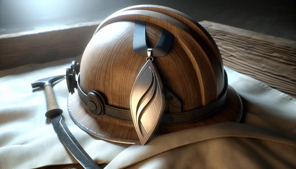 Robuster Edelstahl-Zunftanhänger auf Holzarbeiterhelm symbolisiert Handwerksstolz und Tradition im warmen Steelmonks-Stil.