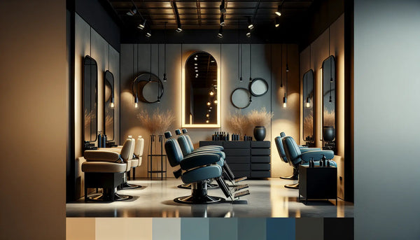 Stilvoller, leerer Friseursalon mit moderner Einrichtung in warmem Licht, Steelmonks Farben, ruhige und professionelle Atmosphäre.
