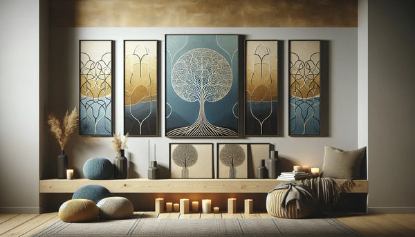 Gemütlicher Raum mit stilvollen Baum des Lebens Kunstdrucken und Metallschildern in Steelmonks Farbpalette, warm beleuchtet und harmonisch arrangiert.