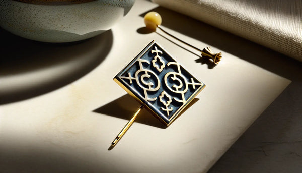 Eleganter Zunft-Anstecker für Fliesenleger in persischem Blau auf ruhigem weißen Hintergrund, kombiniert handwerkliche Tradition und modernes Design.