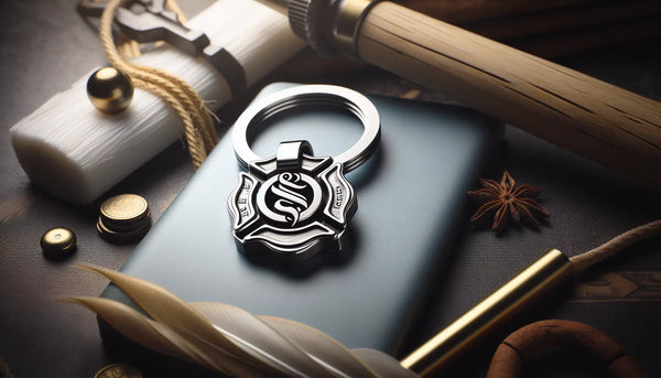 Eleganter Edelstahl-Schlüsselanhänger mit Gravur, symbolisiert Kameradschaft, Geschenkidee für Feuerwehrleute, in Steelmonks-Farben fotografiert.