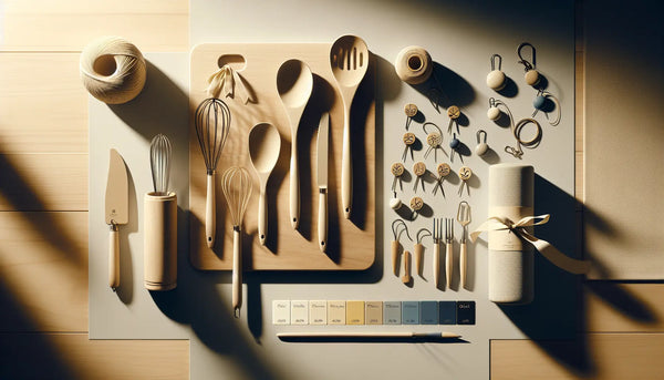 Minimalistisches Arrangement von Küchenhelfern und Zunft-Ansteckern auf warmer Holzfläche, stilvoll beleuchtet im Steelmonks Farbschema.