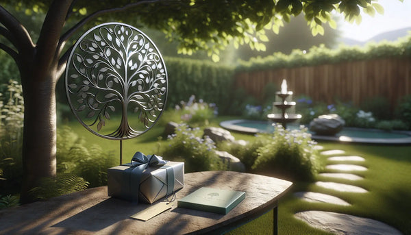 Ein Garten mit einem eleganten metallischen 'Baum des Lebens'-Schild, das im Sonnenlicht glänzt, eingebettet in eine grüne Landschaft. Vor dem Schild liegt ein stilvoll verpacktes Geschenk mit blauen Bändern auf einem schlichten Untergrund.