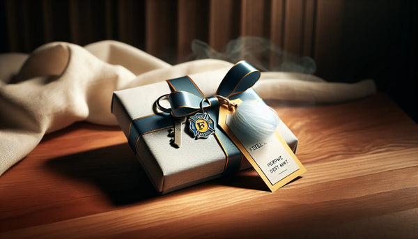 Elegantes Geschenkset mit personalisiertem Schlüsselanhänger und Feuerwehr-Accessoire auf warmem Holztisch, in Steelmonks Farbdesign.