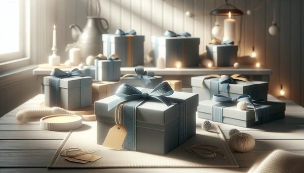 Elegantes Geschenk mit blauem Band auf weißem Tisch in warmem, freundlichem Licht, vermittelt Wertschätzung und Vertrauen.