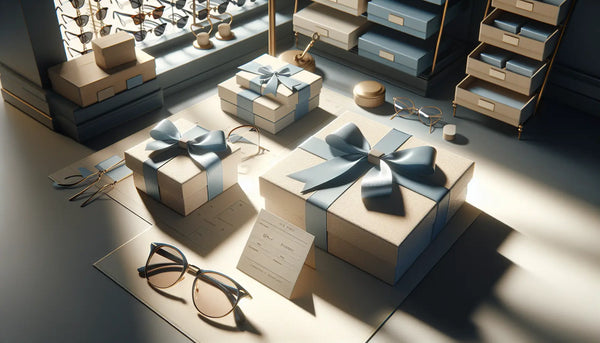 Helle, ordentliche Optiker-Geschäft mit stilvollen Geschenkboxen in Steelmonks Farben, Brillen und Augenuntersuchungsgeräten im Hintergrund.
