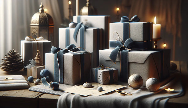 Elegantes, slim Geschenk in Weiß mit blauem Band auf warmem Holztisch in moderner Küche, symbolisiert Wertschätzung und Freundschaft im Steelmonks-Look.