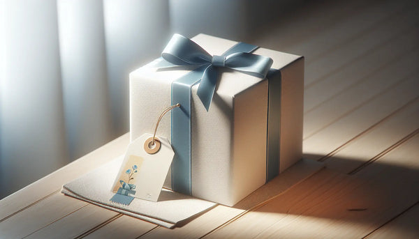 Eleganter, schmaler Geschenkbox mit persischem Blauem Band auf hellem Holz, warme Atmosphäre, Steelmonks Farbpalette, stilvoll verpackt.