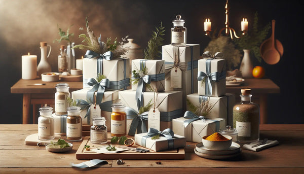 Elegantes Geschenkarrangement mit persian blue Bändern, exotischen Gewürzen und Küchenaccessoires auf hölzernem Tisch, warm und einladend in Steelmonks Farben.
