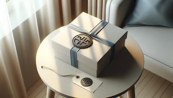 Elegantes, schmal verpacktes Geschenk mit persischem Blauem Band und Handwerker-Emblem in modernem, warmem Wohnraumarrangement.