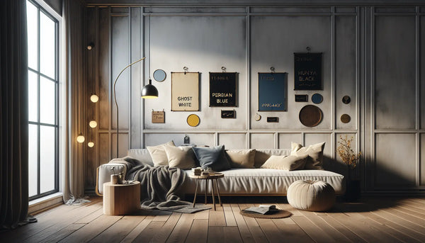 Modernes Wohnzimmer mit Ghost White Wand, naturbelassenem Holzmöbel und eleganten Steelmonks Metallschildern in Blau und Schwarz.