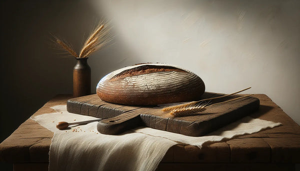 Stilvoll angerichtetes Vollkornbrot auf rustikalem Holzbrett mit Roggenähre in warmer, minimalistischer Steelmonks-Atmosphäre.