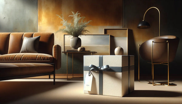 Elegantes Wohnzimmer mit warm erdiger Akzentwand und stilvoll verpacktem Geschenk in persischblauem Band auf weißem Karton.