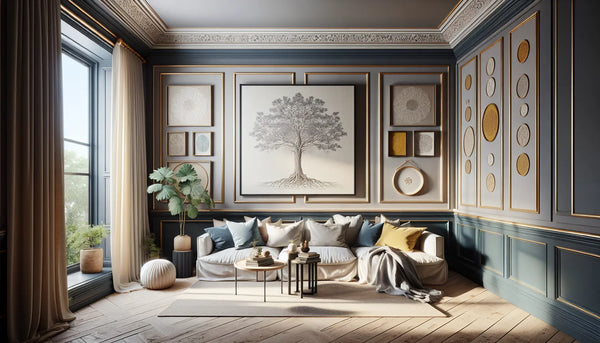 Wohnzimmer mit stilvoller Galeriewand, dekorativen Zierleisten und Baum des Lebens als warmes, elegantes Highlight im Steelmonks-Farbstil