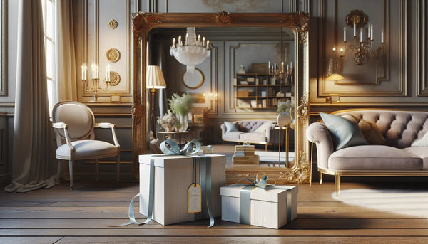 Stilvolles Wohnzimmer mit antikem Spiegel und elegant verpackten Geschenken in Steelmonks Farben für Wertschätzung und Eleganz.