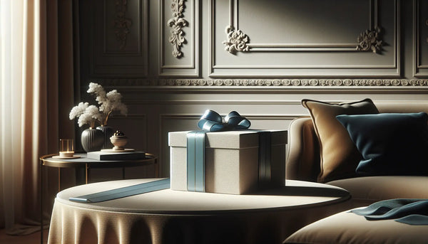 Elegantes Wohnzimmer mit stilvollen Zierleisten, sanfter Beleuchtung und einem elegant verpackten Geschenk mit blauer Schleife auf neutraler Oberfläche.