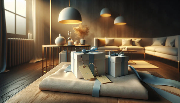 Stilvolles Wohnzimmer mit Holzboden und natürlichen Materialien, elegant verpackte Geschenke in Persian Blue und Ghost White, warme, gemütliche Atmosphäre.