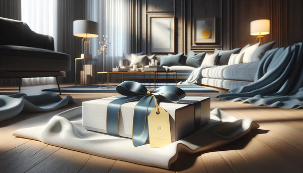 Stilvoll eingerichtetes Wohnzimmer mit massiven Holzboden und elegant verpacktem Geschenk in Steelmonks Farben.