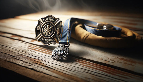 Feuerwehr-Halskette mit blauem Band auf rustikalem Holztisch neben Feuerwehrabzeichen in warmem, stimmungsvollem Licht.