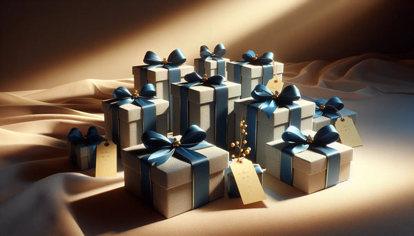Elegante, schlanke Geschenkboxen mit blauen Bändern auf weißer Oberfläche in warmem Licht, beruhigende Atmosphäre für Wertschätzung und Freundschaft.