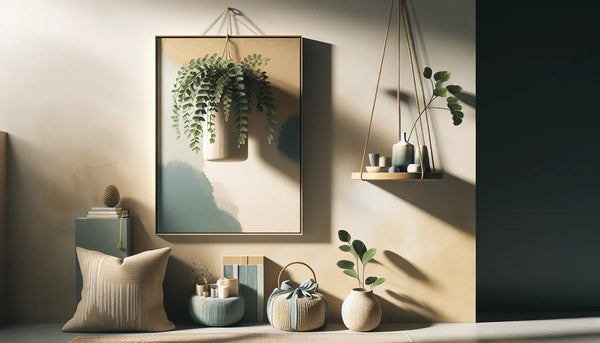 Minimalistische Innenwand mit großem abstraktem Kunstdruck, hängendem Pflanzengefäß und kleinem Regal in Steelmonks Farben.