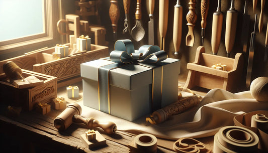 Eine atmosphärische Werkstatt mit traditionellen Werkzeugen und Holzschnitzarbeiten, schlanke Geschenkboxen in Stahlmonks-Farben elegant verpackt, warme Beleuchtung, gemütliche und vertrauensvolle Stimmung.