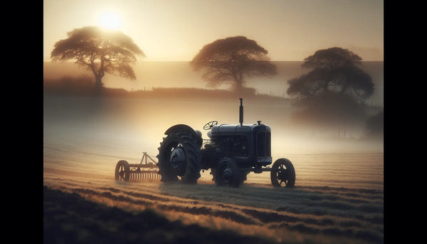 Ein alter Traktor fährt im warmen Morgengrauen über ein ruhiges Feld auf einem Bauernhof, Darstellung in stimmungsvollem Steelmonks Look.